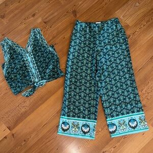 LOFT Teal and Blue Patterned Jumpsuit